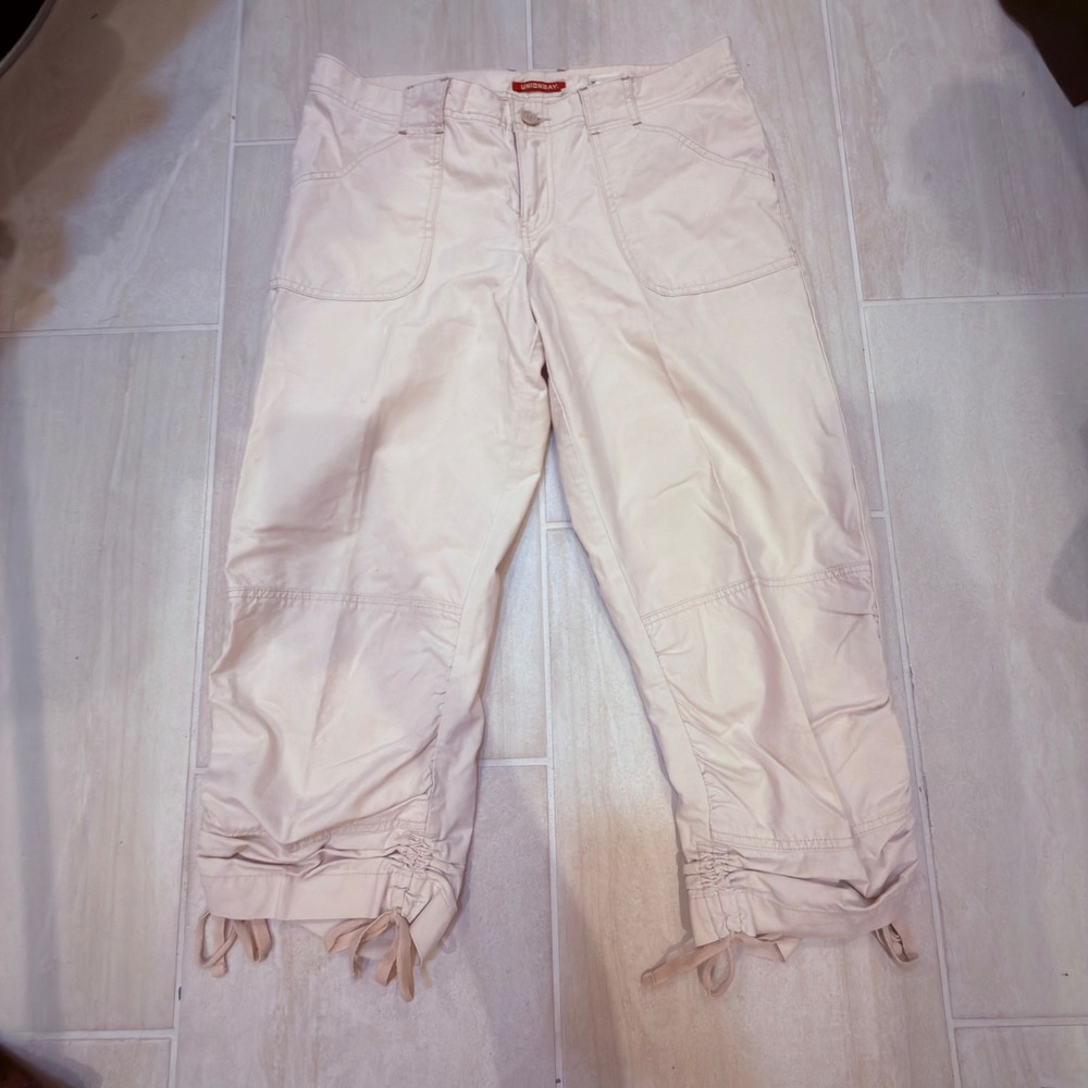 Unionbay Women Cream Cargo Capri Pants Size 11 Y2K Cinch Hem Cotton Cropped Tan